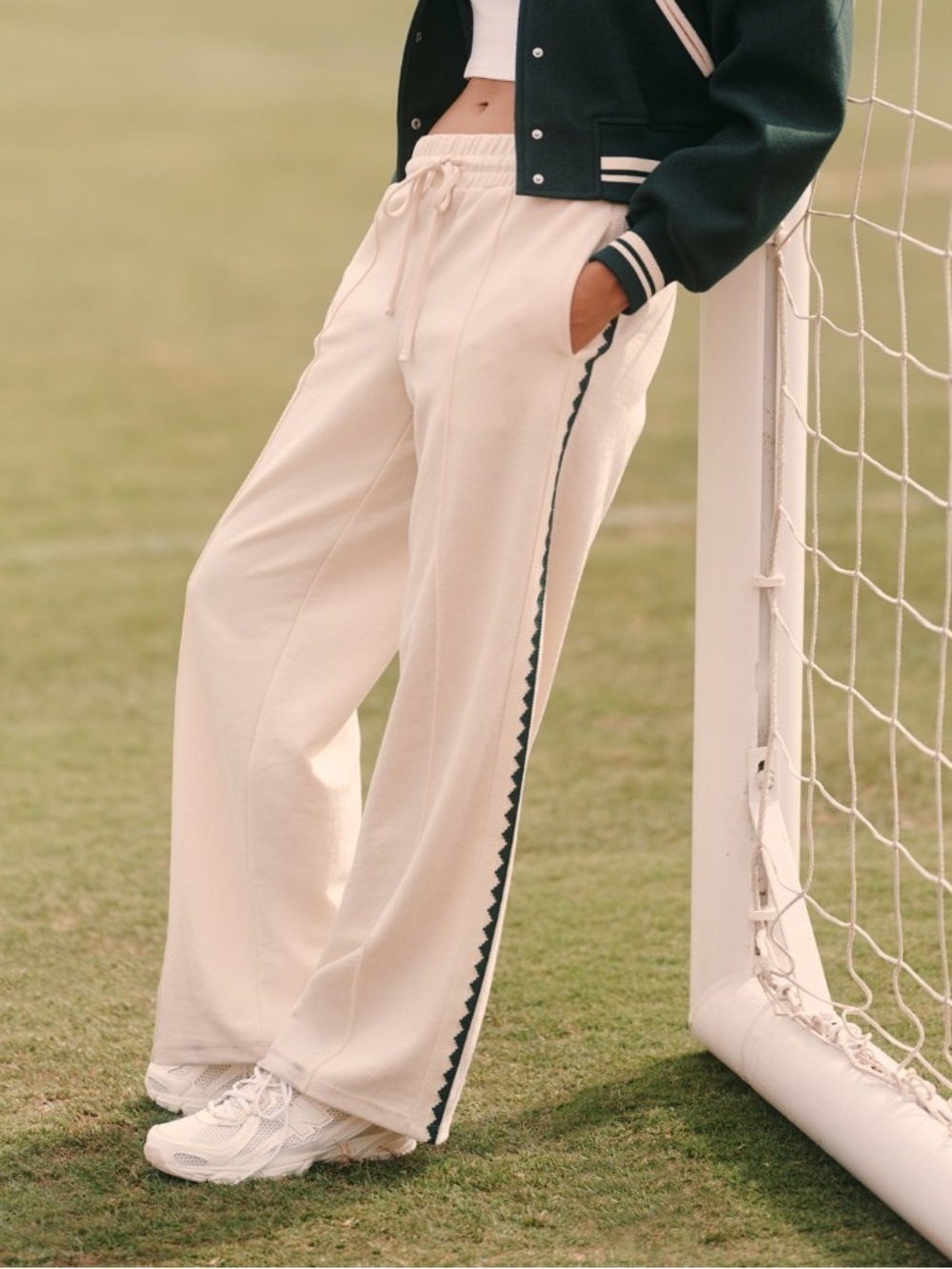 Anthropologie Daily Practice Cream Barrel Track Pants with Green Side Stripe